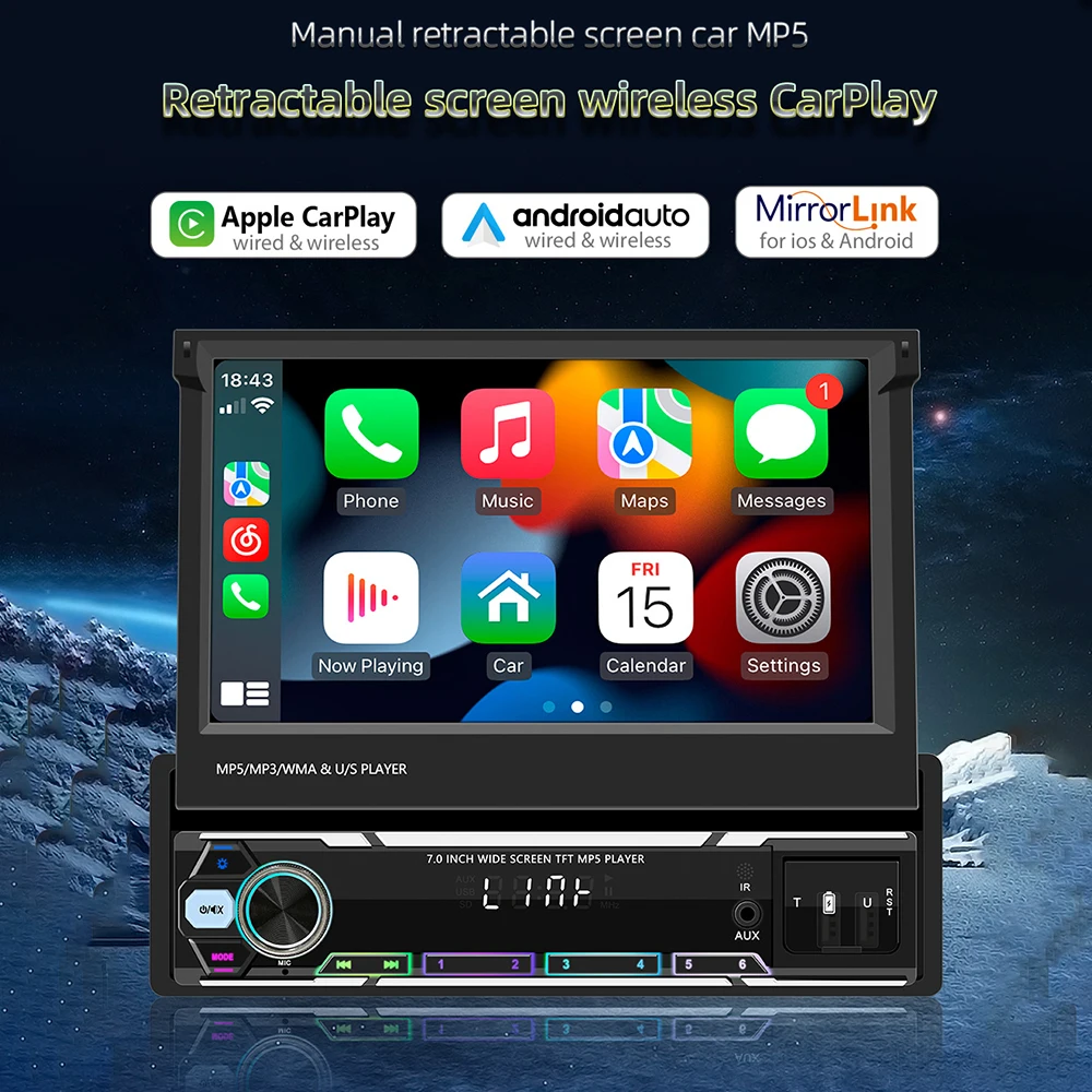 1 Din 7inch Car Radio MP5 Player Wireless Carplay Wired Android Auto IPS Retractable Touch Screen FM Multimedia Player Autoradio