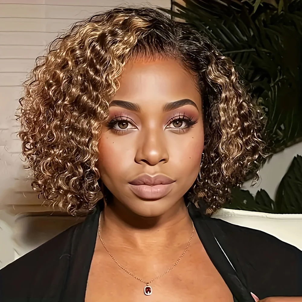 

4/27 Выделенные вьющиеся 13x4 Глубокая волна воды Короткие парики Боб Парик фронта шнурка 100% настоящие человеческие волосы Парик Бразильский Ombre Коричневый короткий парик