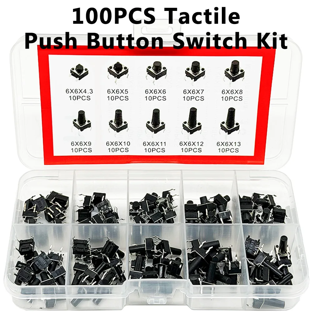 100PCS 10 Type 6*6 Light Micro Touch Switch Set Push Button Switch Kit Assortment Set DIY Tool Accessories 6x6 Keys Tact ON/OFF