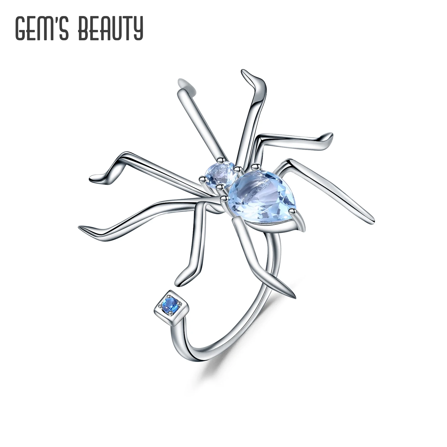 GEM'S BEAUTY Natural Topaz Spider Ring Sky Blue Topaz Cocktail Ring Creative 925 Sterling Silver Fine Jewelry for Women