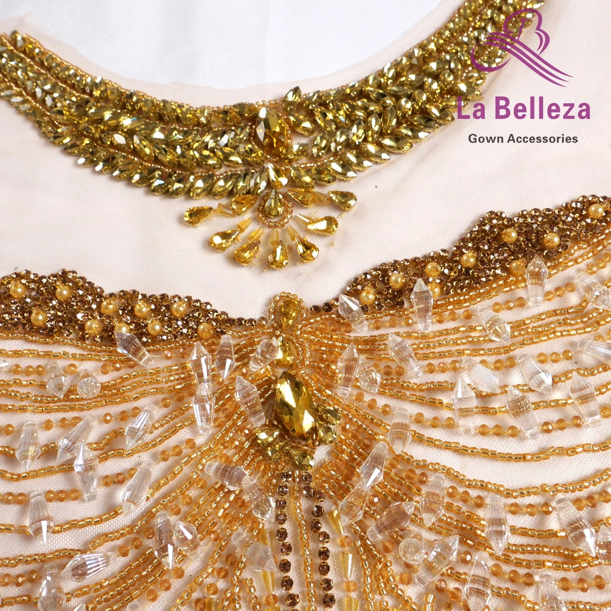 La Belleza beautiful sewon neck bodice applique, gold  silver crystal rhinestone applique Patch for bridal prom dress