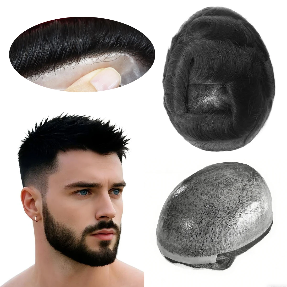 

Full PU Toupee for Men Real Human Hair Pieces Men's hair replacement system Injection Poly skin Hair prosthesis units Patch