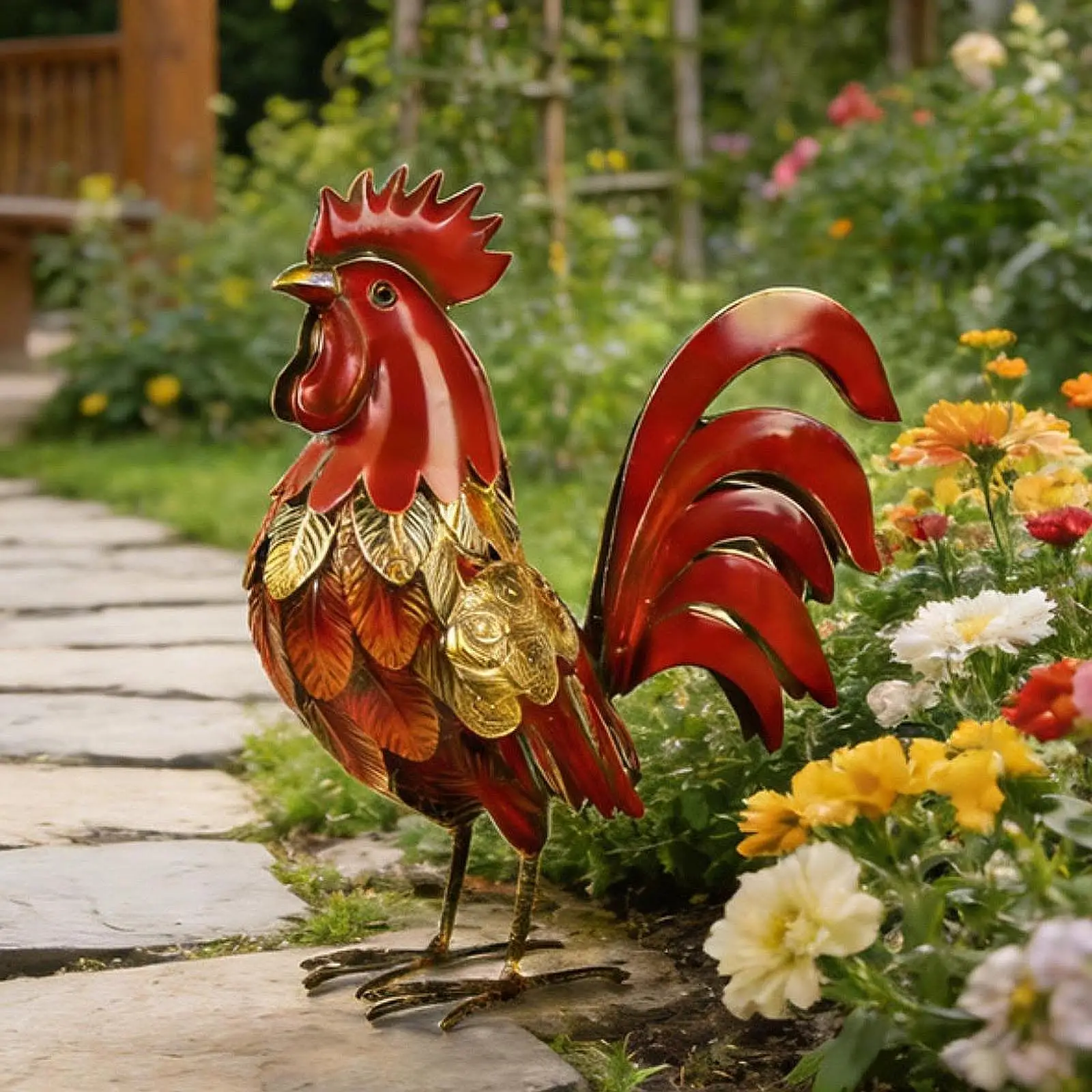 

Metal Rooster Statue Garden Accessories Weatherproof Cock Figurine Creative Animal Sculpture Art Crafts for Outdoor Garden Yard
