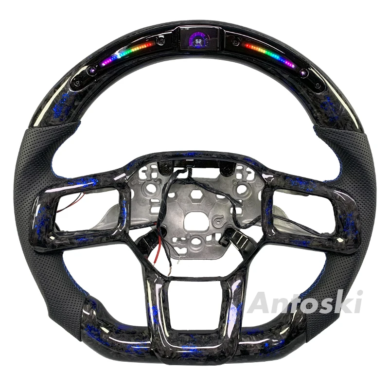 

Customized Black Perforated Leather Blue Forging Carbon Fiber Steering Wheel for Ford Mustang Shelby Latest Model with LED