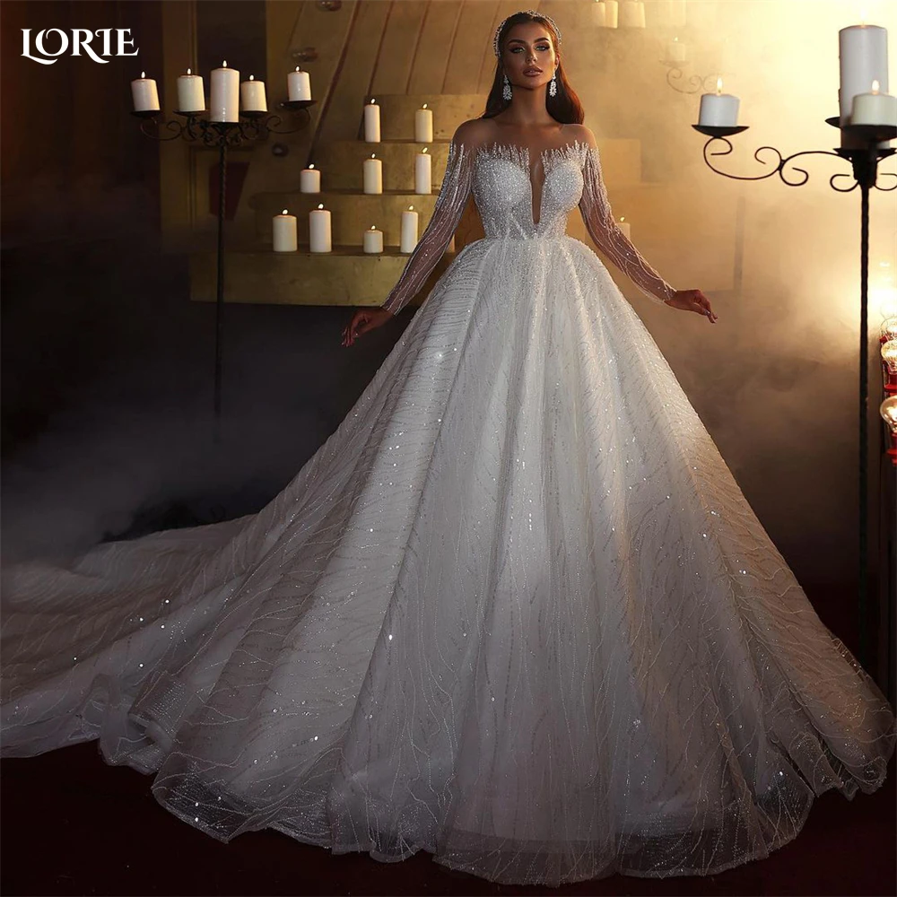 

LORIE Arabia Glitter Lace Wedding Dresses Shiny Off Shoulder Long Sleeves Striped Bridal Gowns Sparkly Princess Bride Party Gown