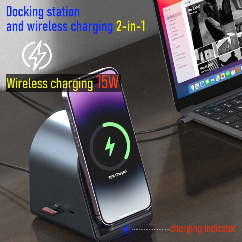 usb c ke usb c hub nirkabel induksi magnetik pengisian telepon docking station HDMI Untuk aksesoris laptop Apple iPhone iPad