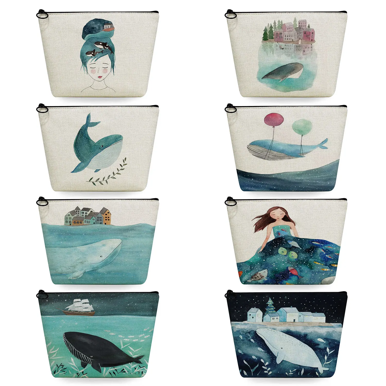 Fresh Painting Cute Whale Sea Series Travel Toiletry Bags Designer Women's Cosmetic Bag High Quality Portable Makeup Organizer