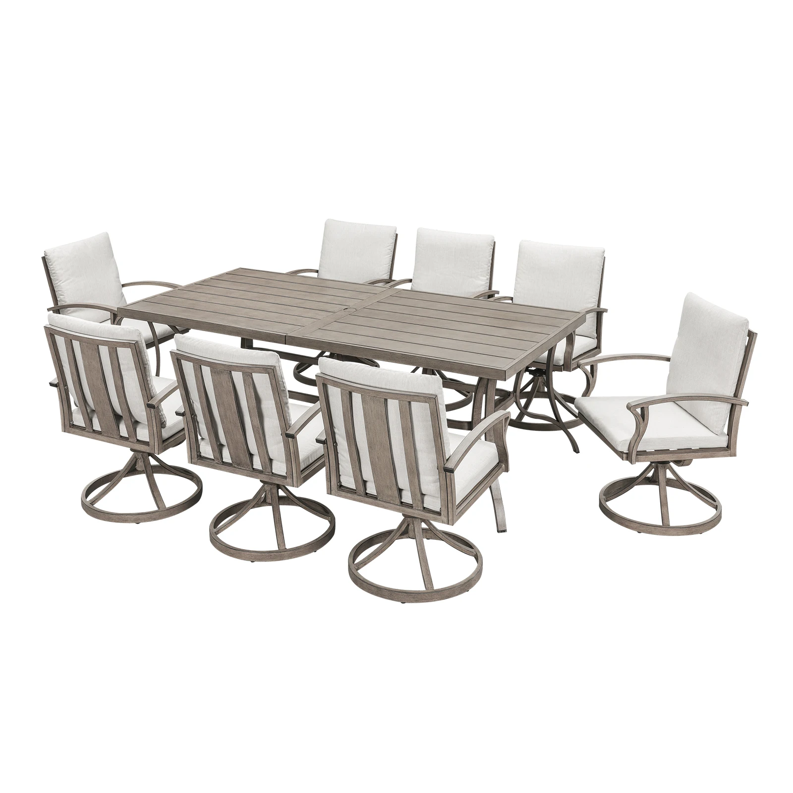 

Обеденный набор SeeHill из 9 предметов, алюминиевые уличные вращающиеся стулья с подушками, обеденная мебель для патио с отверстием для зонта и столом