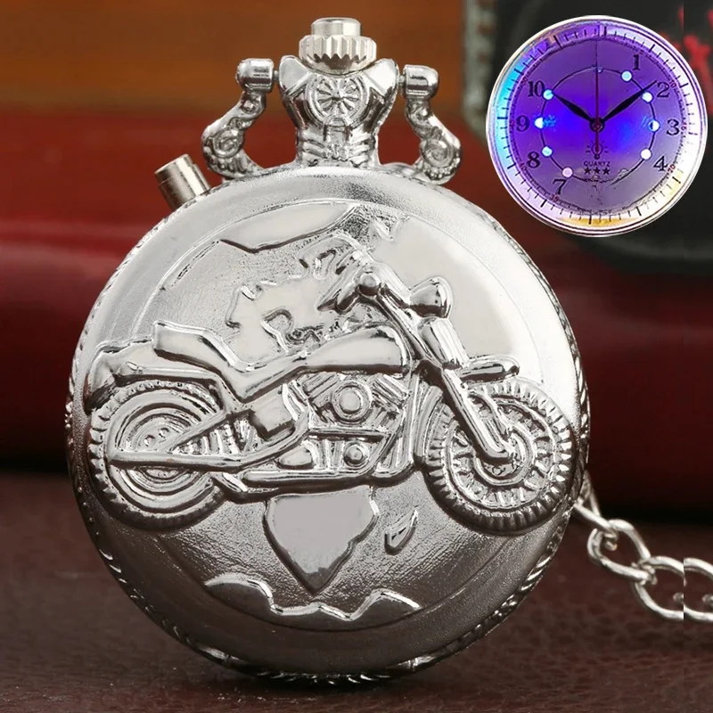Srebrne motocyklowe świecące LED Flash motocykl MOTO Design moda kieszonkowy zegarek kwarcowy rzeźbiony łańcuch zegar Fob prezent dla kobiet mężczyzn — zdjęcie 2