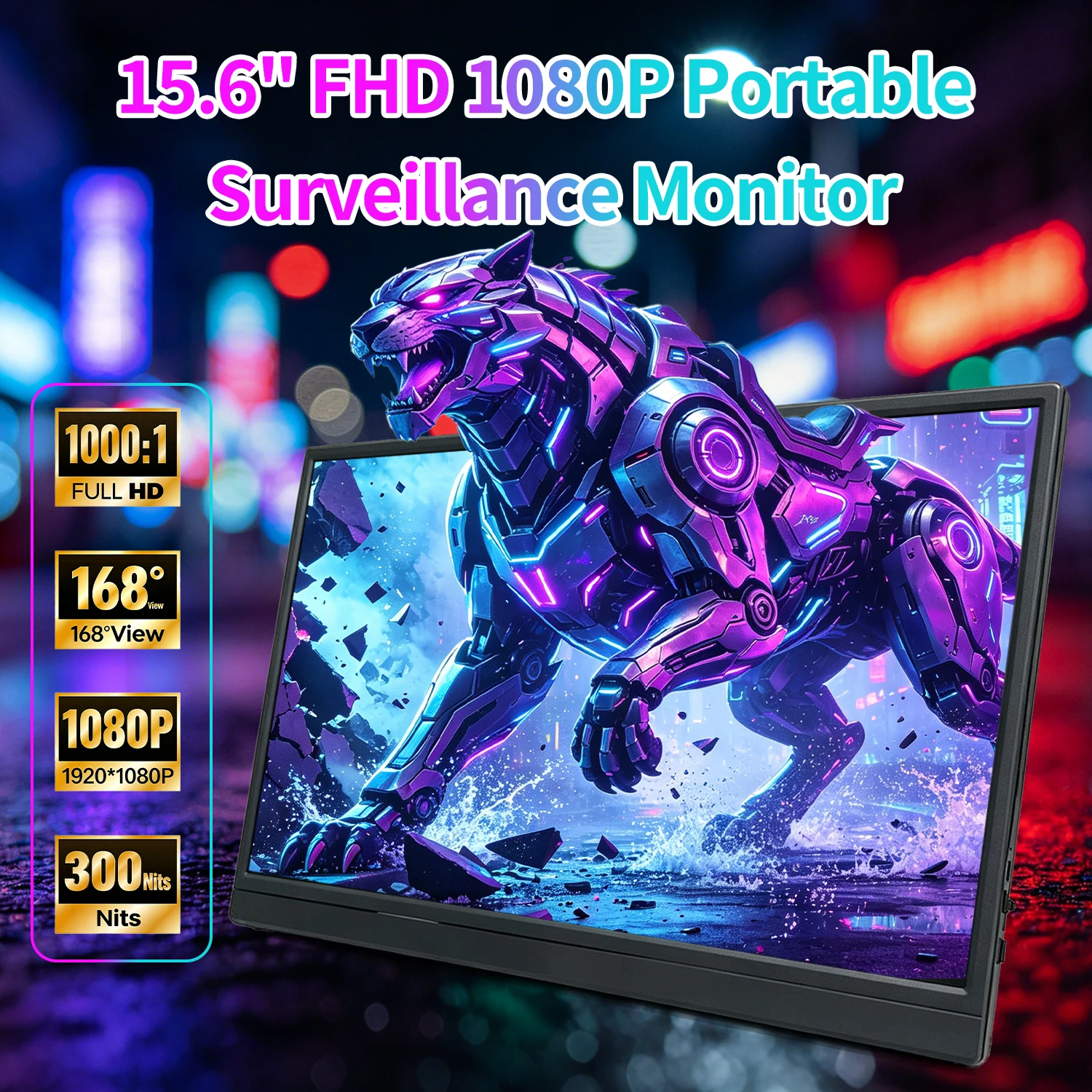 15.6 Inch 60Hz Gaming Portable Monitor, 16:9 Aspect Ratio 1080P FHD IPS Display, Ultra Thin Lightweight External Secondary Screen, Widely Compatible with Laptops, Desktop PCs and Smartphones