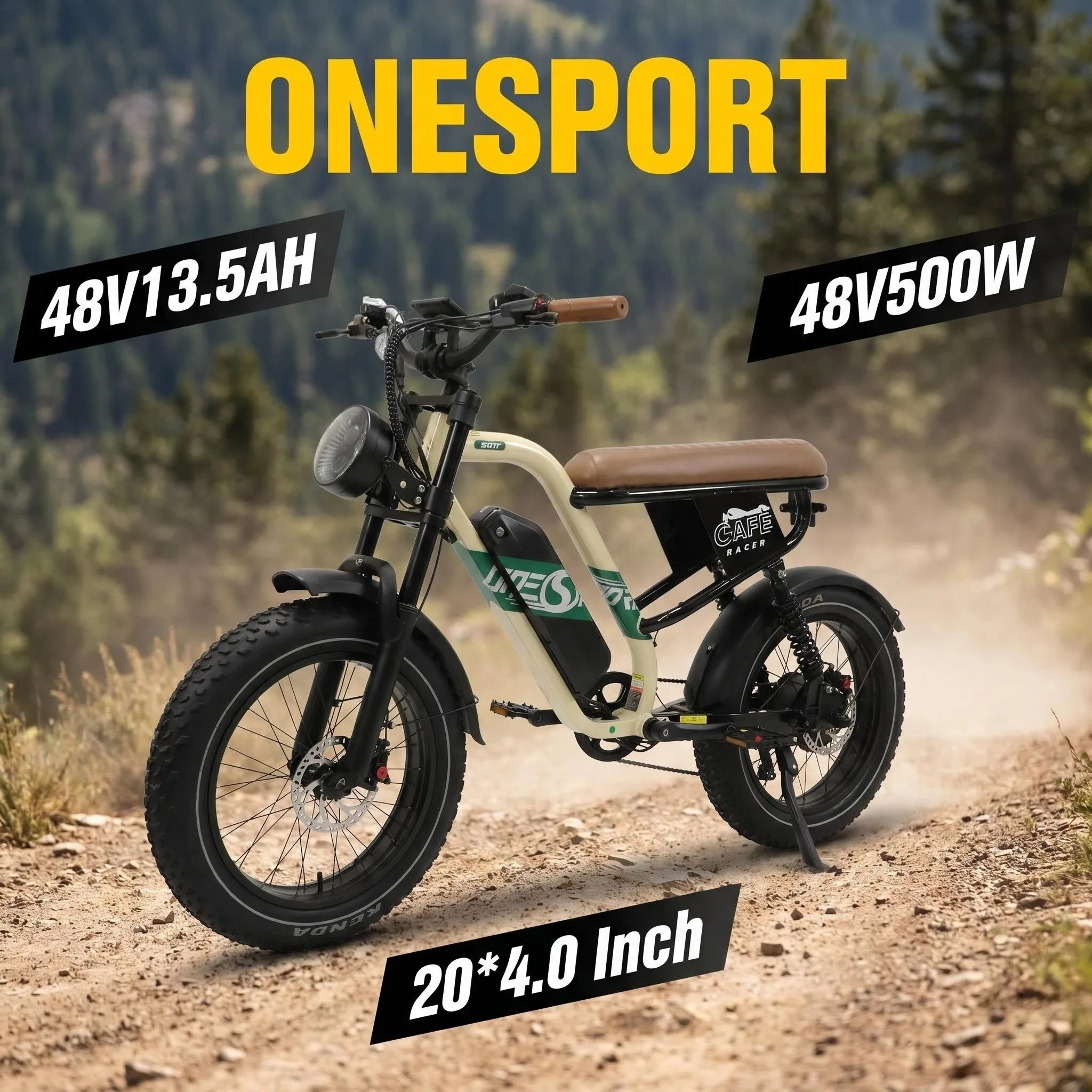 Vélo électrique Onesport 20 pouces à pneus larges W66, batterie lithium 48V13.5Ah, moteur sans balais 500W, frein hydraulique, 7 vitesses