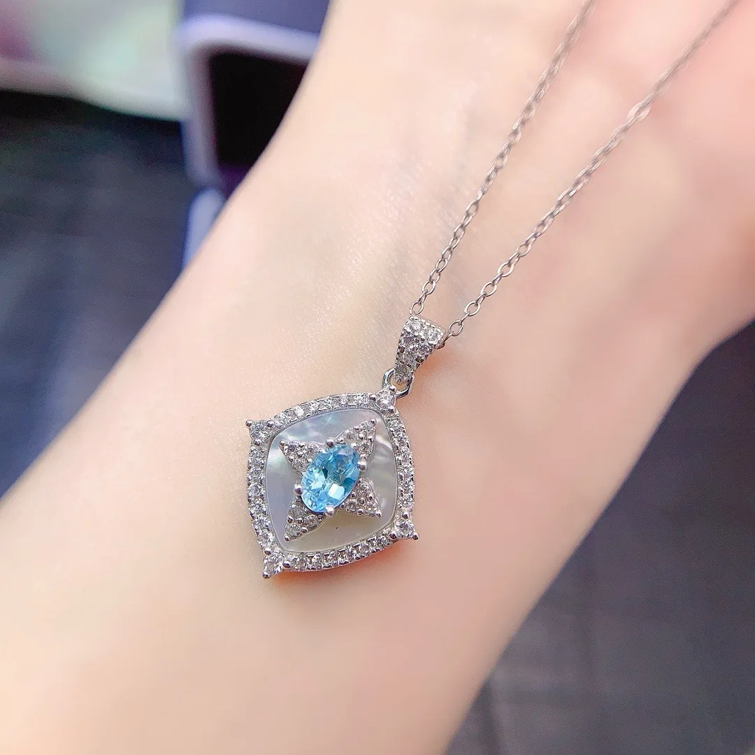 Boutique Jewelry Girl Pure Natural Swiss Blue Topaz Pendant Necklace 925 Pure Silver Plated 18K White Gold Shell Style Gift