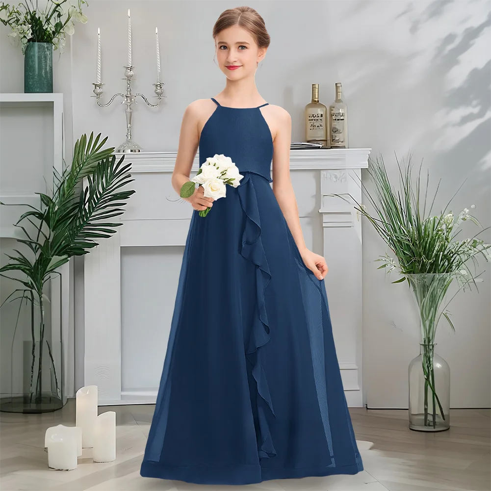 홀터 주니어 신부 들러리 드레스 플라워 걸 드레스 바닥 길이 쉬폰 계단식 보우 프릴 소녀 웨딩 파티 공식