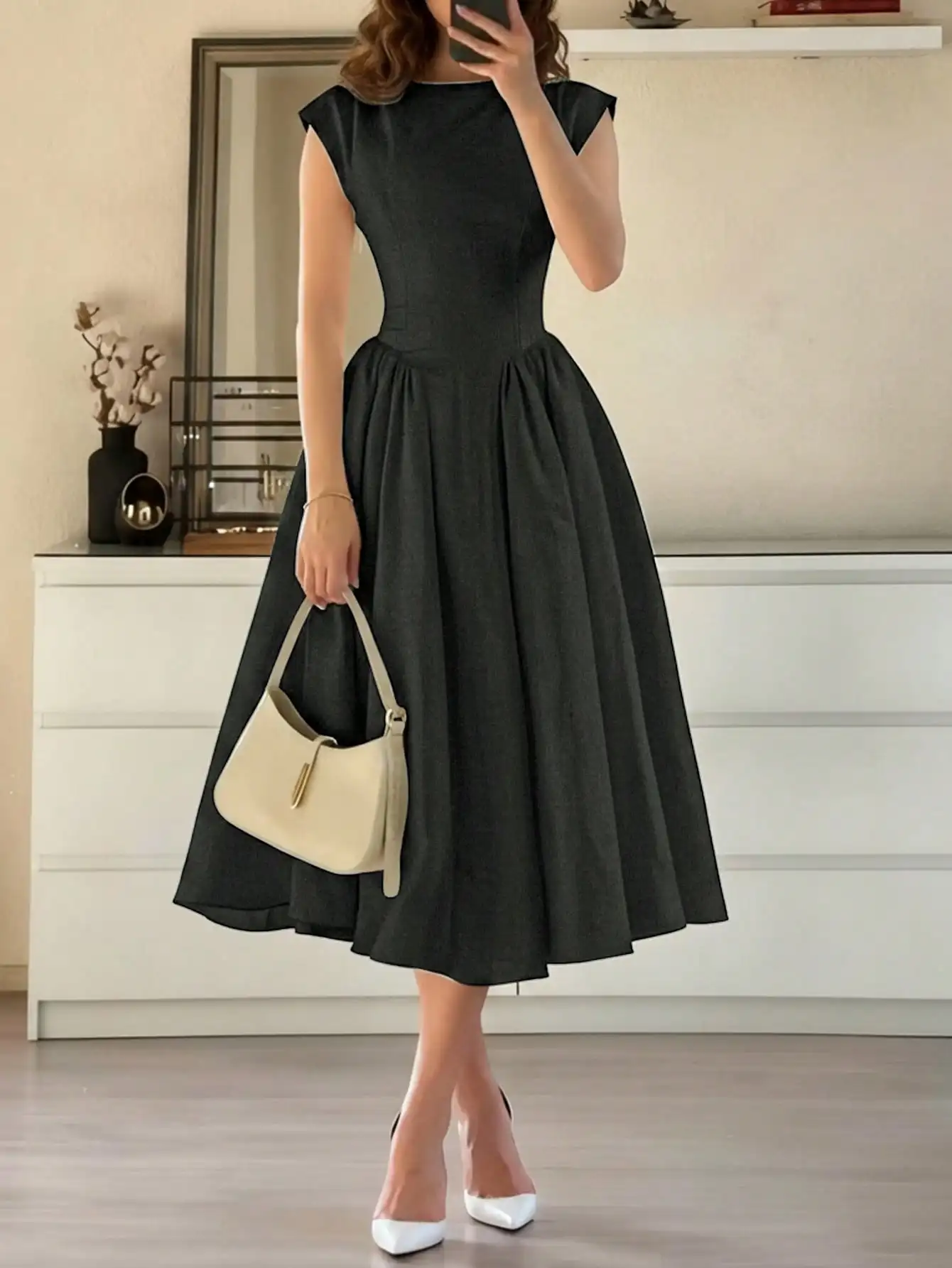 Women’s casual and stylish spring/summer new collection: black, elegant, refined, vintage, romantic, long, puffy dress.