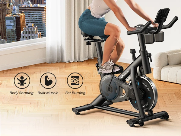 MERACH Heimtrainer-Bremsbelag, stationäres Fahrrad, geräuscharm, für den Innenbereich, Fahrrad, 270 Pfund Tragkraft, Tablet-Halterung, Fitness-Kurse – Detail 3