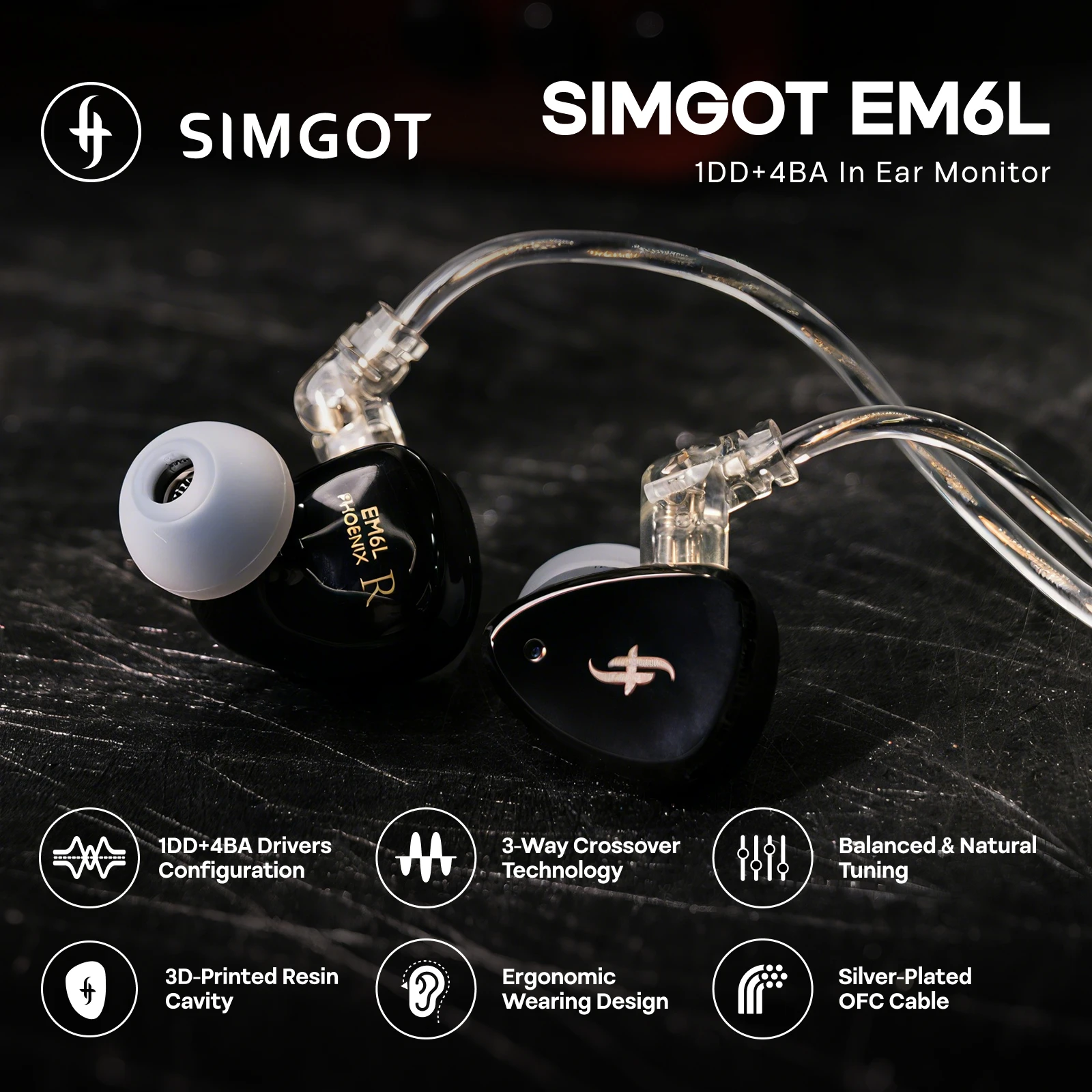 SIMGOT EM6L 1DD + 4BA Hybrid Driver In-ear Monitor HiFi IEM Earphone with Detachable OFC Silver Cable for Musician Audiophile