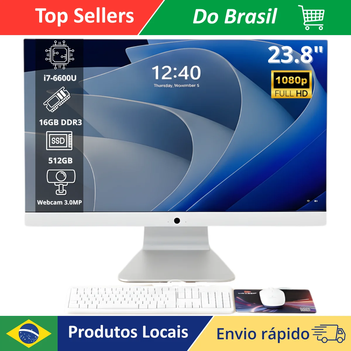 Computador All In One 23.8 Full HD Intel Core i7 16GB RAM SSD 512GB Windows 11 Pro Branco Ultra Rápido Para Escritório