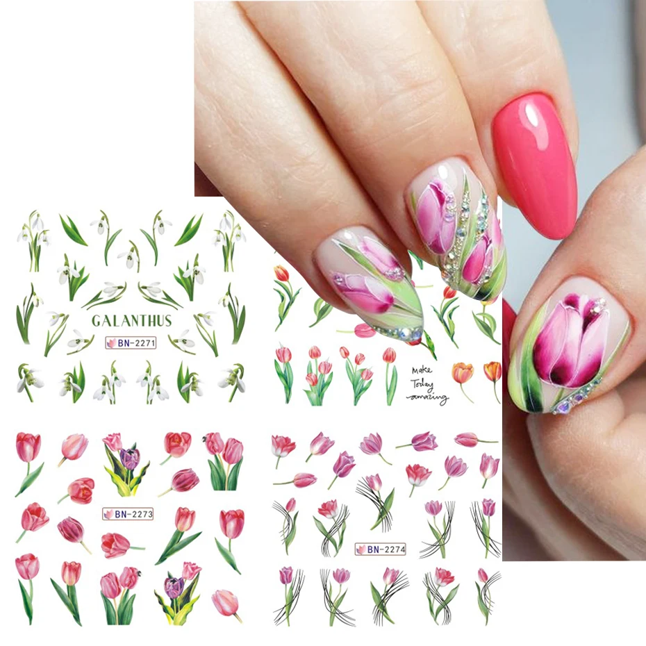 1pc Pink Nail Tulip Flowers Stickers Tulips Bouquet Snowdrop Sticker Decals Summer Leaves Fruit Nails Art Parts Manicure BN-2273
