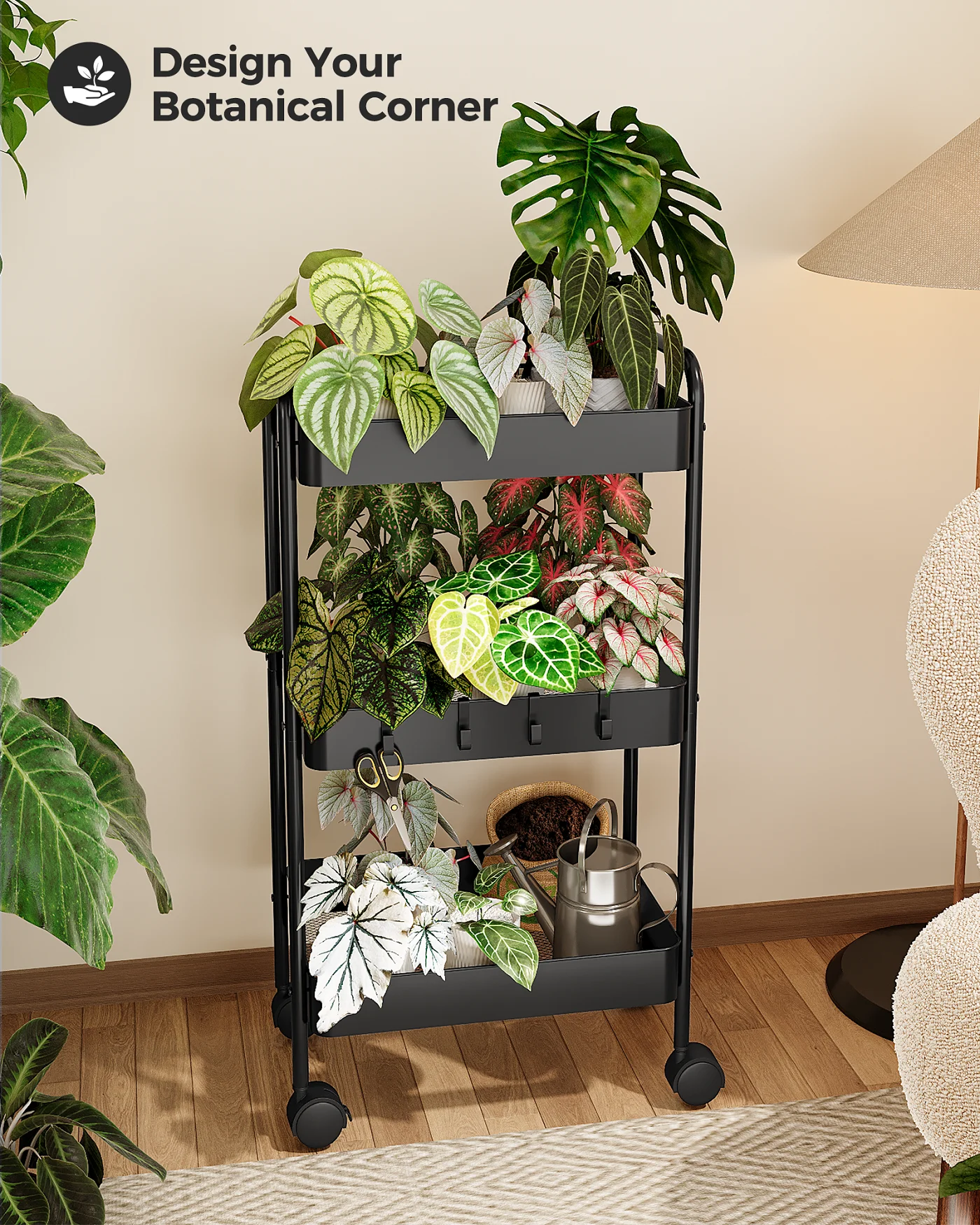 حامل نباتي من 3 طبقات سوداء من Bamworld مع عجلات عربة دوارة معدنية شديدة التحمل رف داخلي وخارجي لغرفة المعيشة وحديقة الشرفة