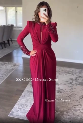 OIMG Dubai Mordern High Neck Customized Prom Dresses Evening Dress Red Beads Crystals Women Evening Gowns Formal Party Dress