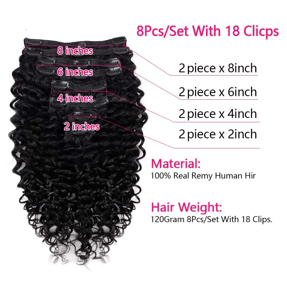 Clip in Hair Extensions Human Hair Deep Wave Natural Black Color Invisible Clip Ins Human Hair Extensions Seamless 8Pcs 120G/Set