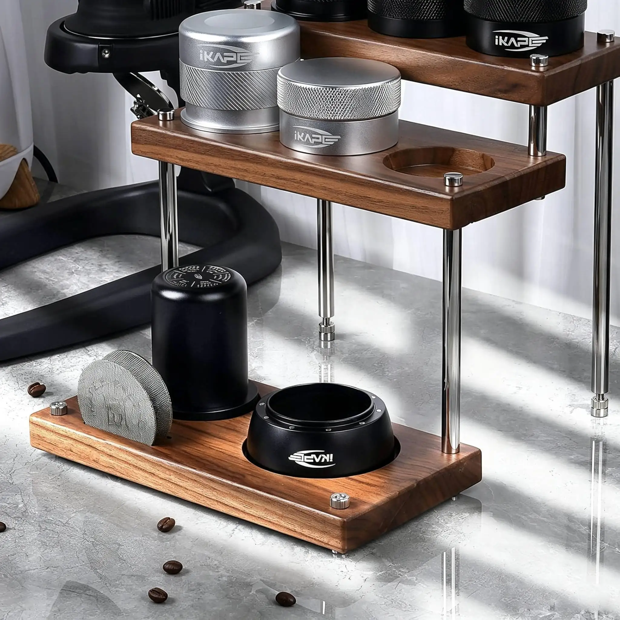 Coffee Accessory Stand Three-Tier Tamper Station with Shelves Wooden Coffee Compressing Station for Baristas, Kitchen Counter