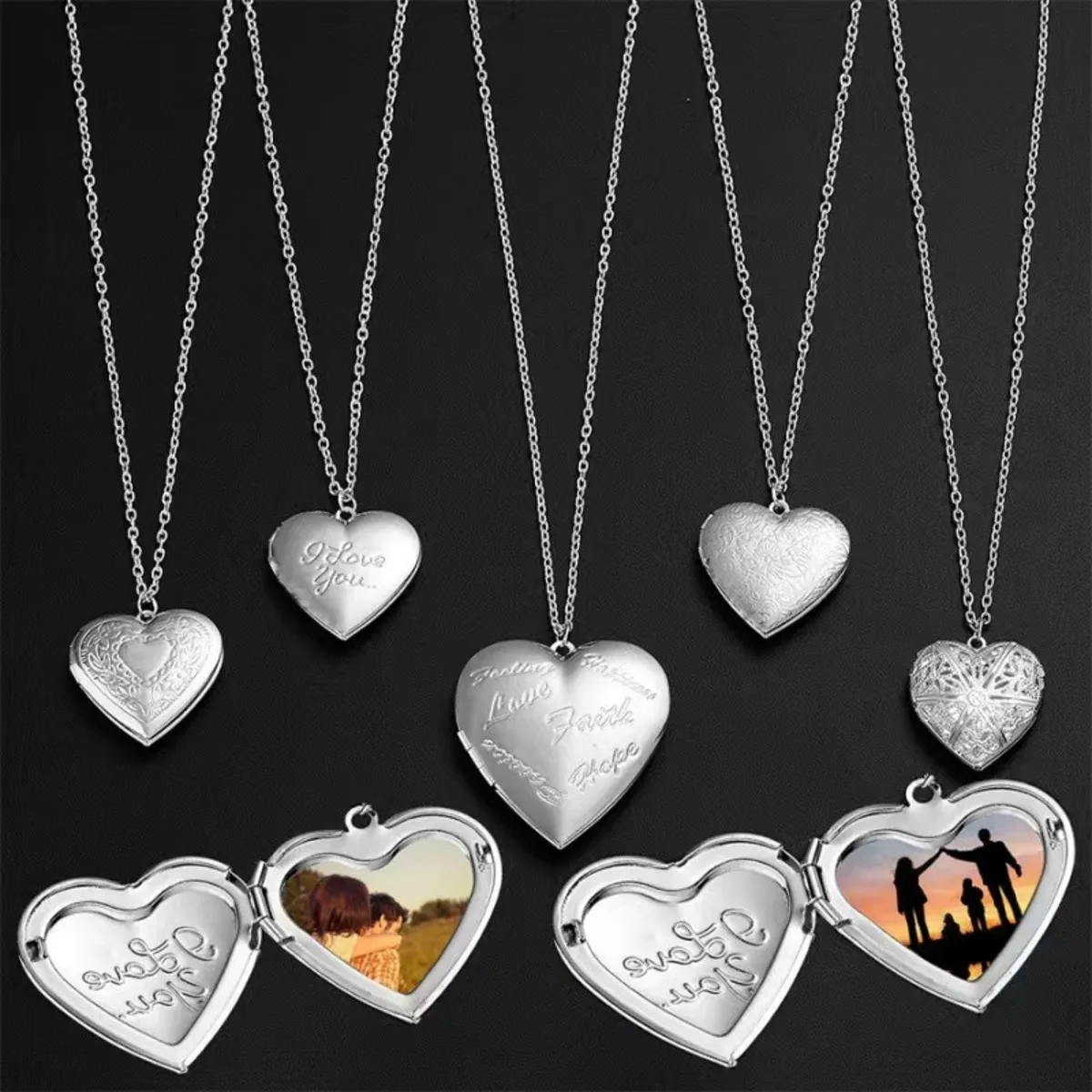 Silver Color Love Heart Photo Frame Pendant Necklace For Women I Love You Flower Pattern Heart Openable Locket Necklace Jewelry image 3