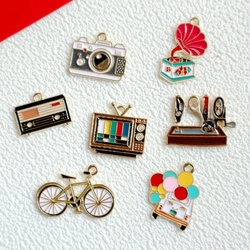 AliExpress 10PCS Retro Style TV Radio Camera Record Bicycle Alloy Enamel Pendant Cartoon DIY Necklace Bracelet