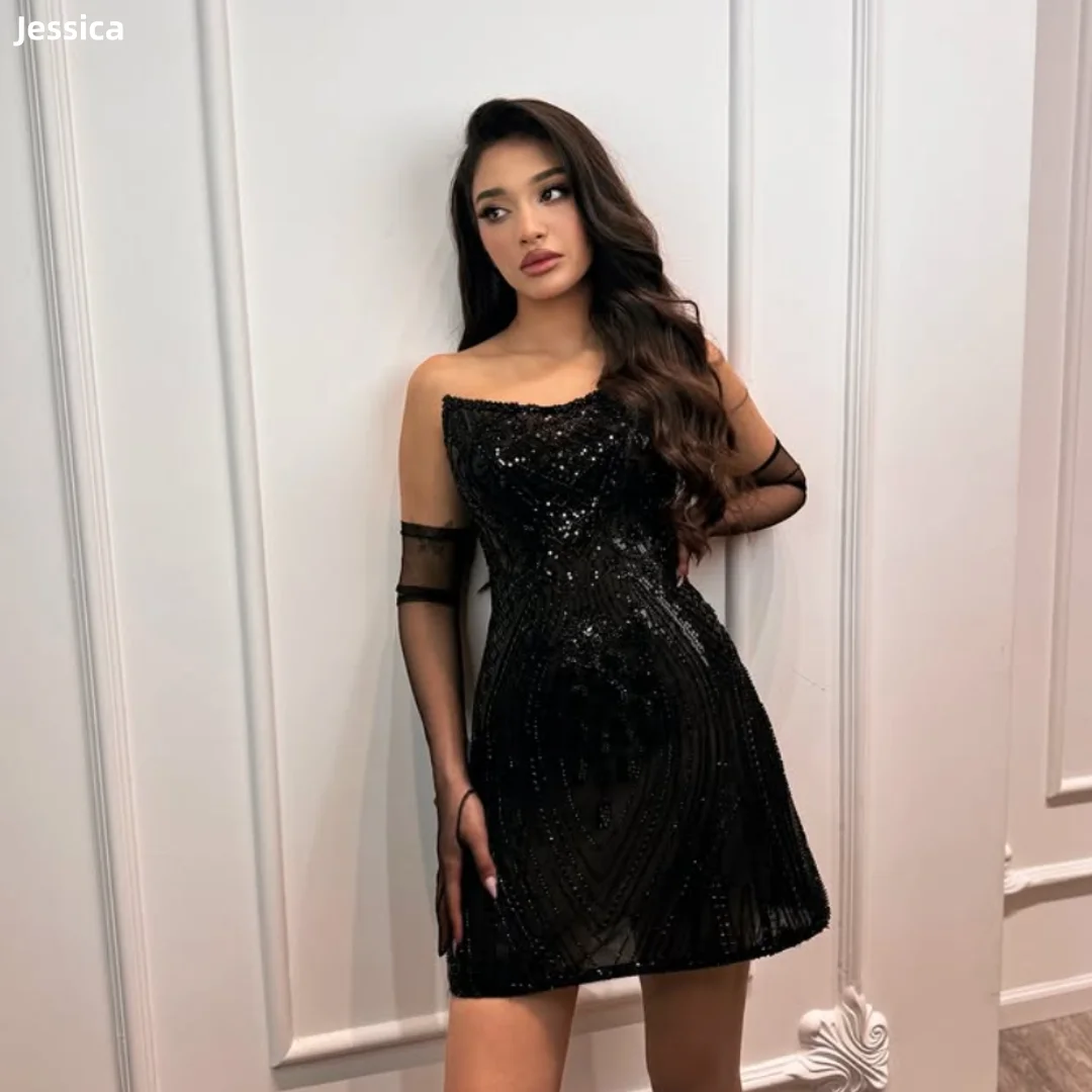 

Jessica Sequin Beads Evening Dresses Black Prom Dresses Sexy Off-shoulder Short Tulle Princess Vestidos De Gala Customized