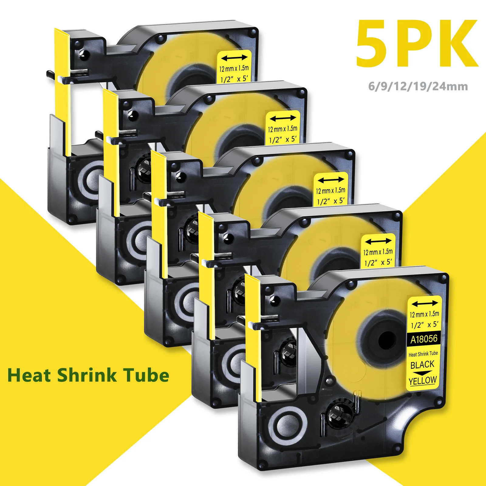 5PK Black on Yellow Compatible Dymo 18054 18056 18058 Heat Shrink Tubes Label 6/9/12/19/24mm for DYMO Rhino 4200 Label Makers