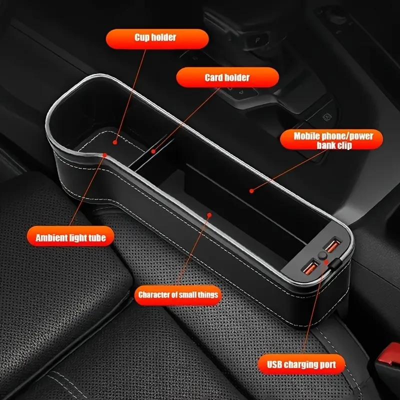 Car Seat Gap Storage Box, Phone Holder Charger, Miscellaneous Organizer, LED Ambient Lighting Car Seat Gap Organizer