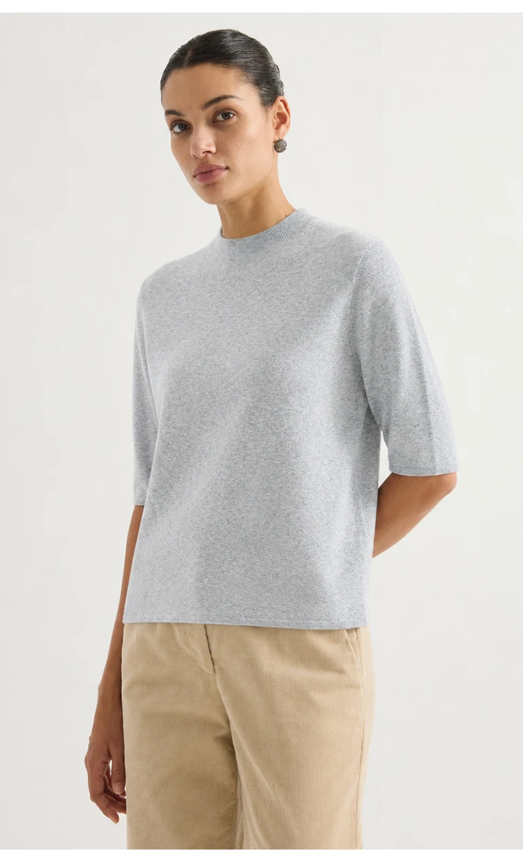 MZ62004 Damen Kaschmir-Mischung Kurzarm-Strickoberteil mit Stehkragen, Weich Strukturierter Pullover für Arbeit und Alltag, Herbst 2026 – Detail 8