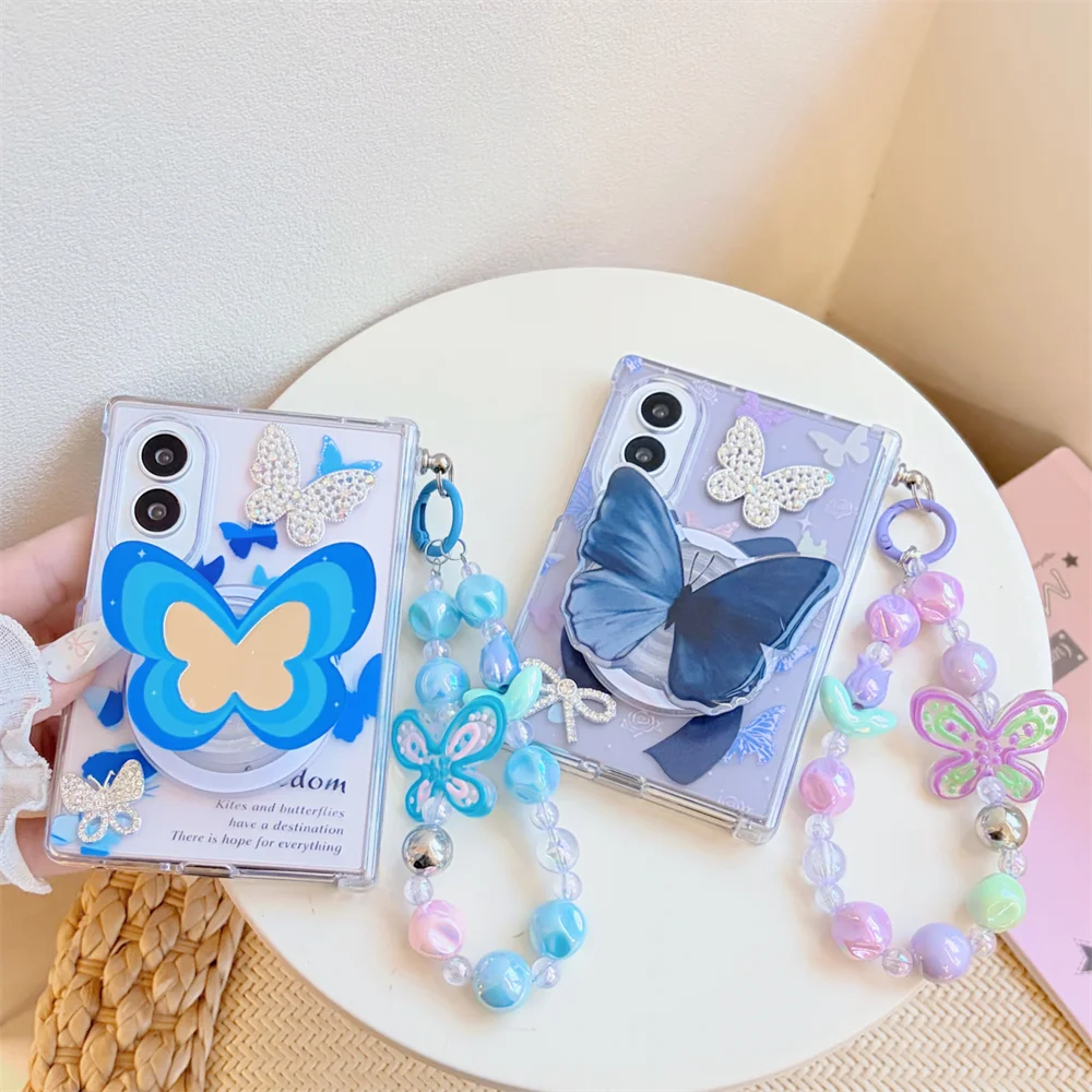 Diamond Butterfly Flower Phone Case for Samsung Galaxy Z Fold 8 7 Fold 8 Fold 8 Ultra Cover With Chain Cute Shockproof Cover Cas