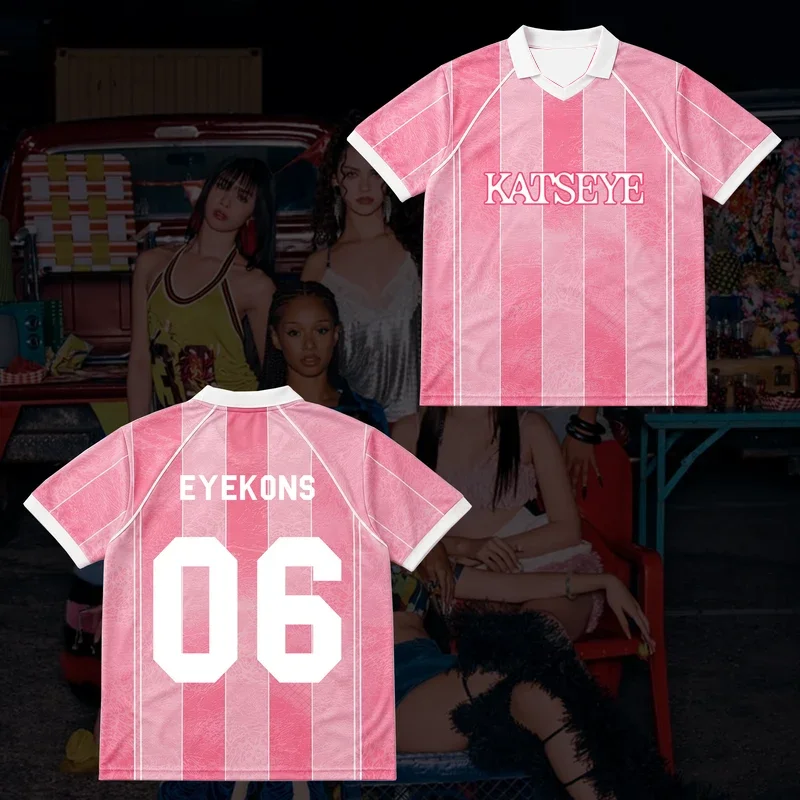 Kpop KATSEYE The Wildworld Tour Jersey Radiant Winged Neck Pink Striped Shirt Fan Concert Gift Unisex Casual Top For Kids Adults