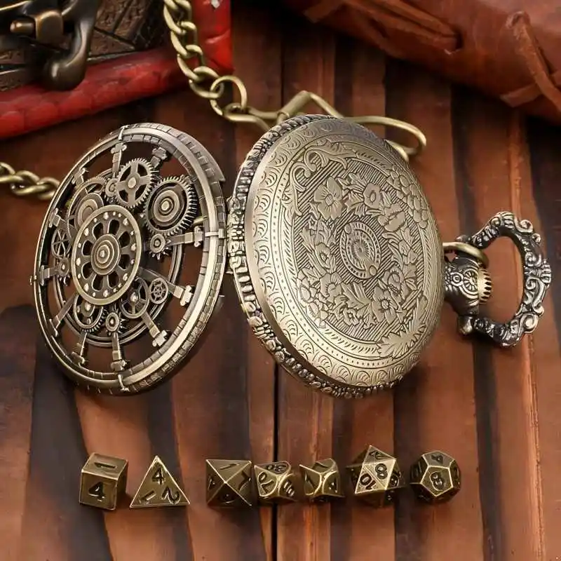 Mini DND Dice Set with Steampunk Hollow Gear Pocket Watch Shell Case, 7pcs Polyhedral Metal D&D Dice, DND Gifts with Gift Box for DND Fans, Role Playing Board Games Accessories