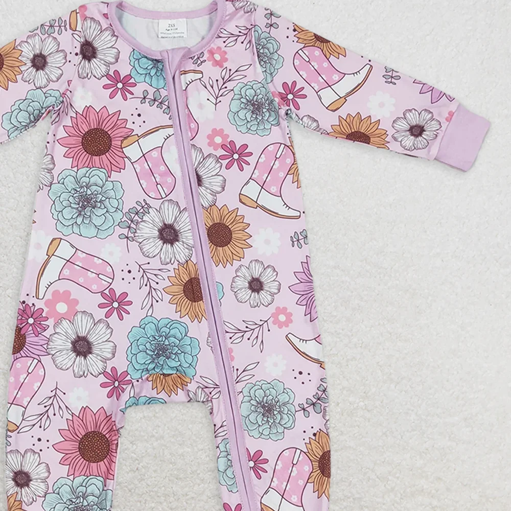 LR0801 Baby Mädchen Winter Strampler Baby Mädchen Rosa Blumen Stiefel Western Langarm Reißverschluss Strampler