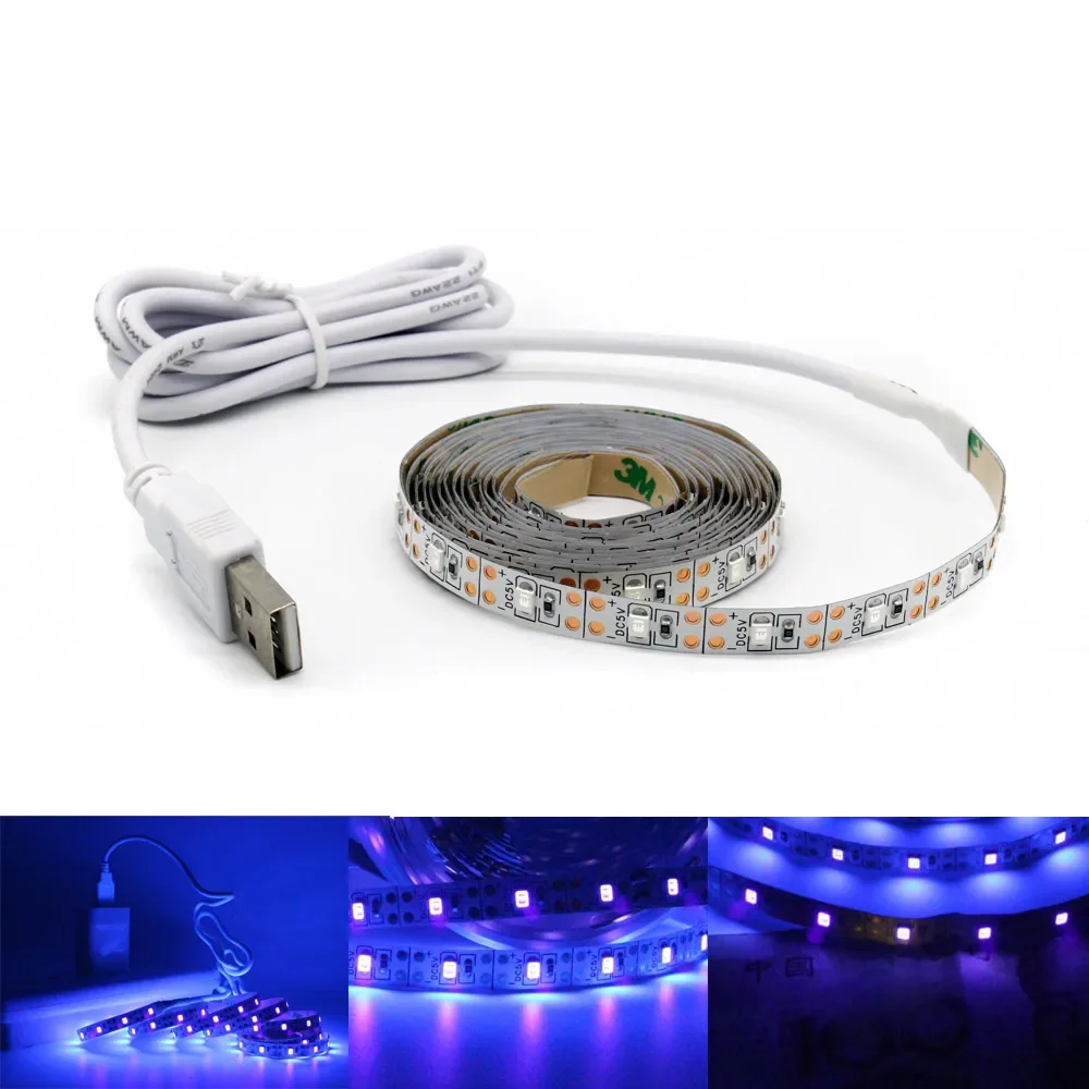 Bande LED UV USB alimentée par batterie 395-405nm rayon ultraviolet ruban Flexible lampe 5V 2835 SMD TV USB LED bande lumineuse 1M 2M 3M