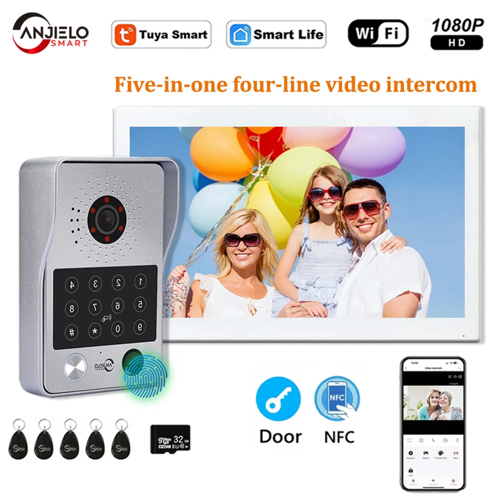 

ANJIELO 1080P Tuya Smart Fingerprint 5-in-1 Unlock Videophone Video Intercom Video Doorbell Camera with Motion Detector