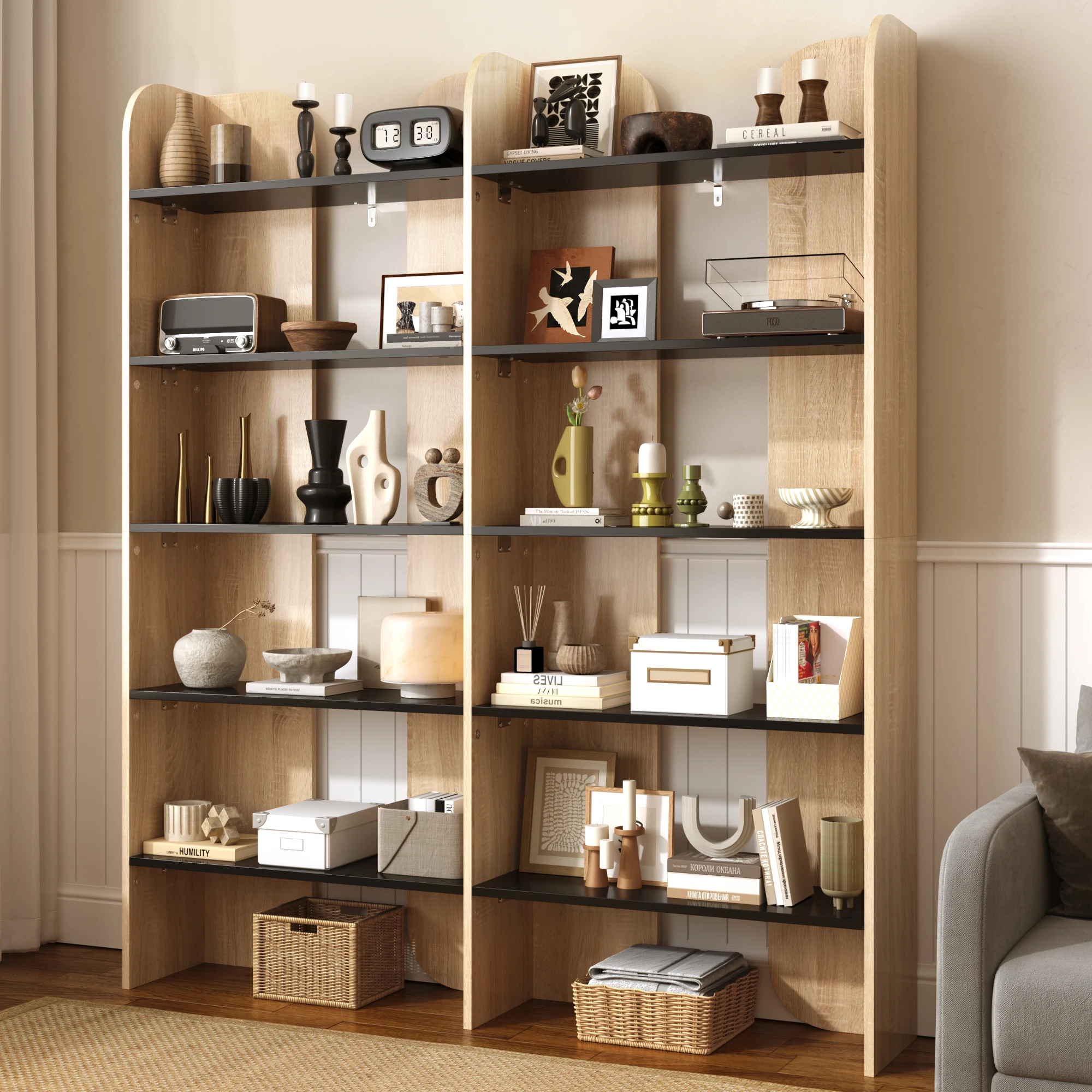 Étagères de rangement doubles à 5 niveaux, bibliothèque haute de 160 cm, étagères et bibliothèques sur pied, étagères de présentation sur pied à 5 niveaux, montage facile pour bureau à domicile, salon, chambre à coucher