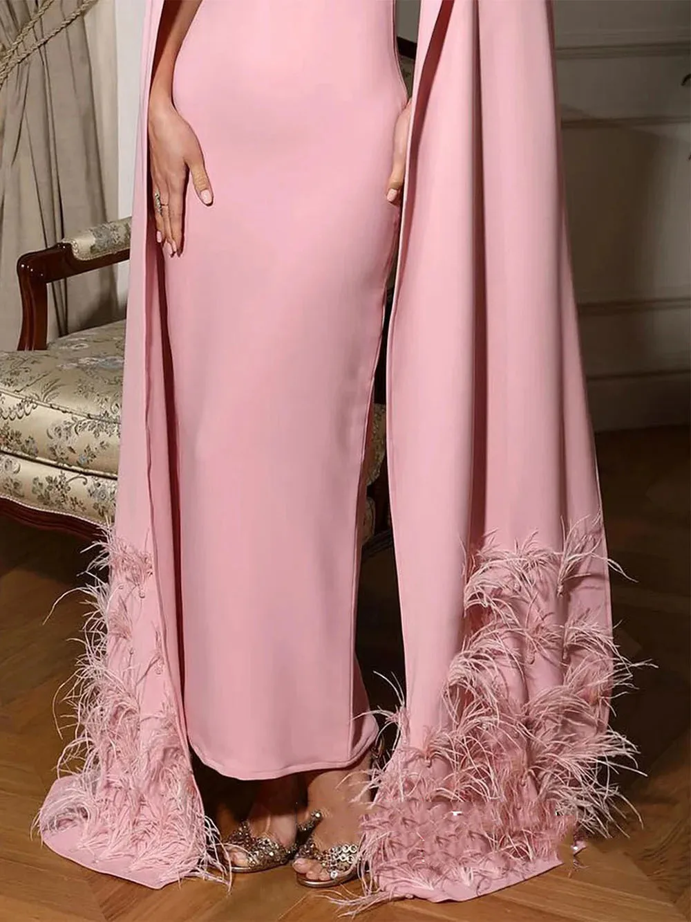 Pink Crepe Evening Dress Arabic Saudi Party Dresses Customized Feathers Draped Sleeves Mermaid Formal Dress Long Prom Gown