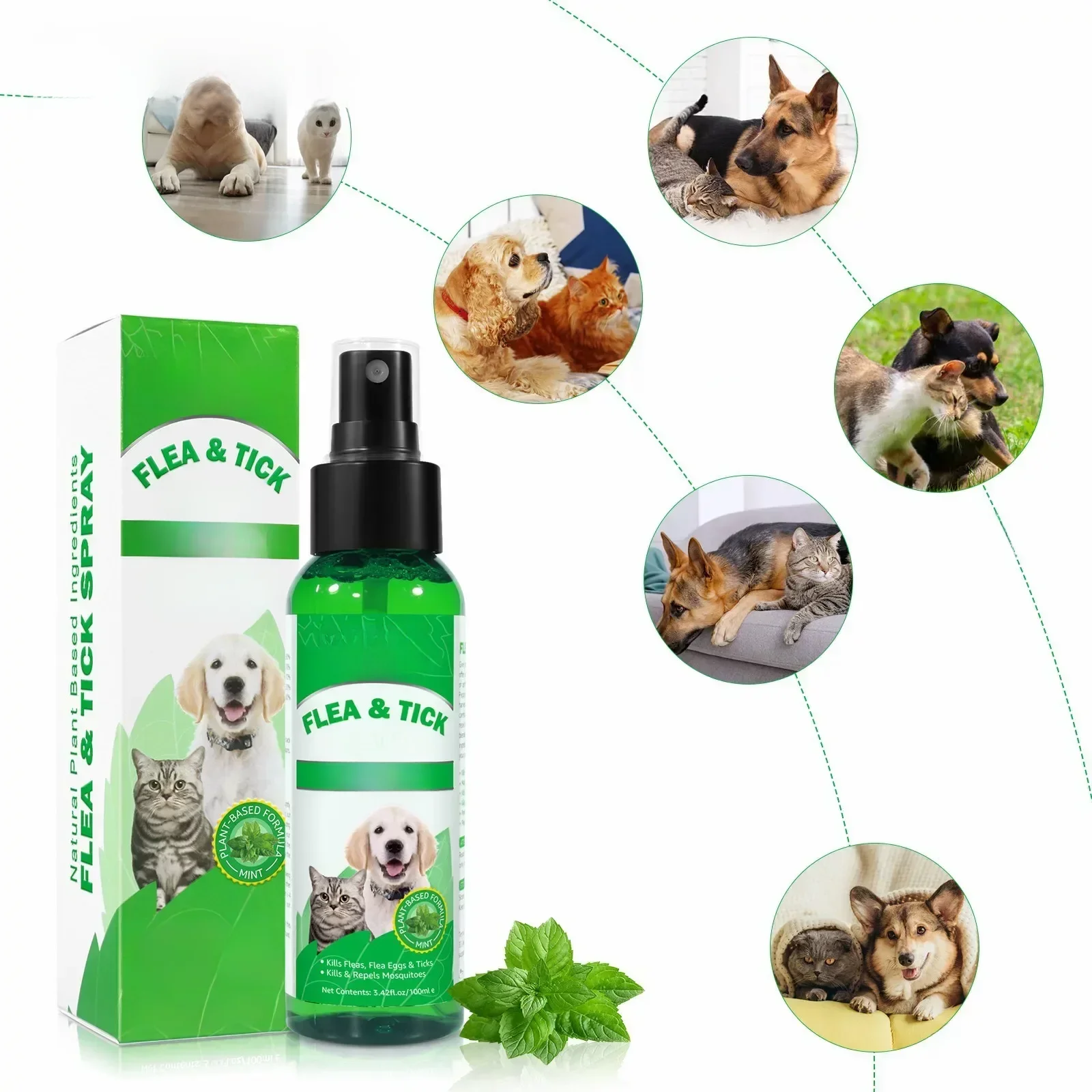 Spray anti-puces topiques et anti-tiques pour chiens et chats, parfum frais, naturel, huile de menthe poivrée et gros génol, soins pour animaux de compagnie, 100ml