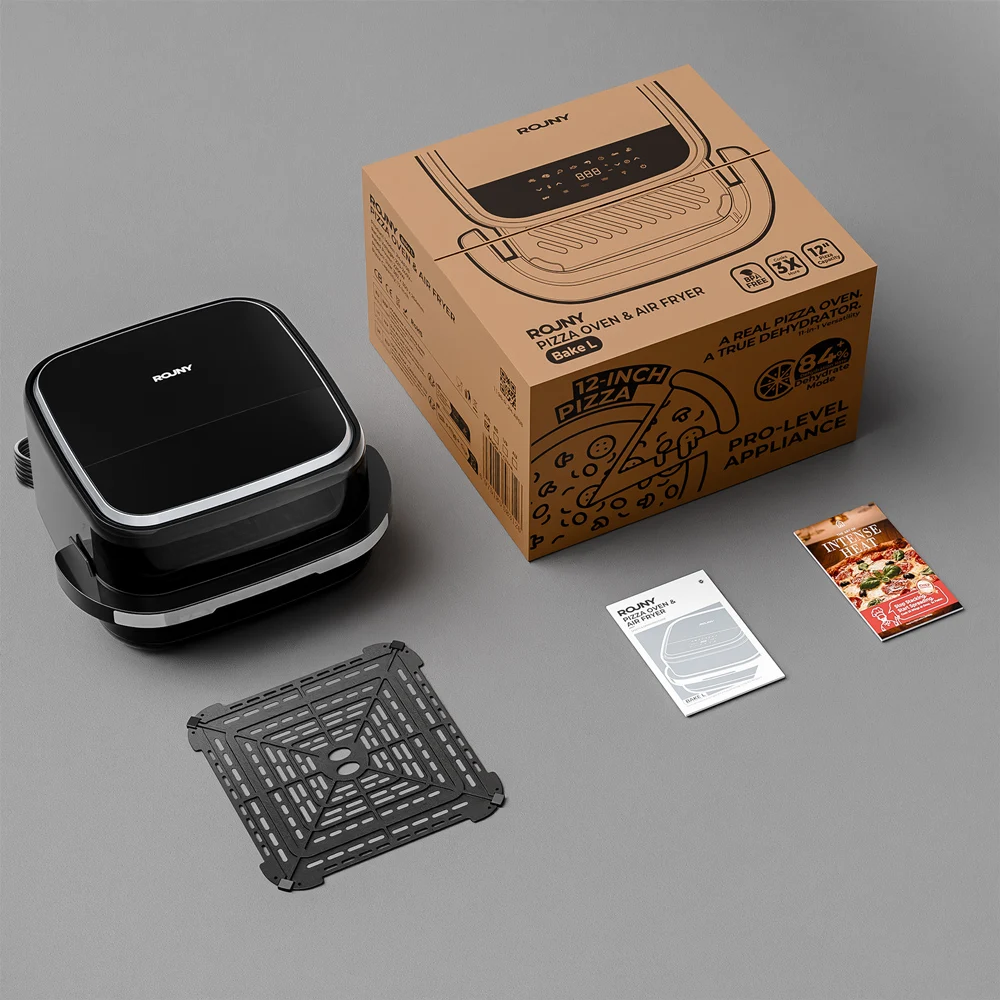 Four à pizza 2-en-1 ROUNY 12 pouces, friteuse à air chaud 2200W 4,2L, double chauffage 11-en-1 avec fenêtre de visualisation, 360° °   Cuisine en Plein Air