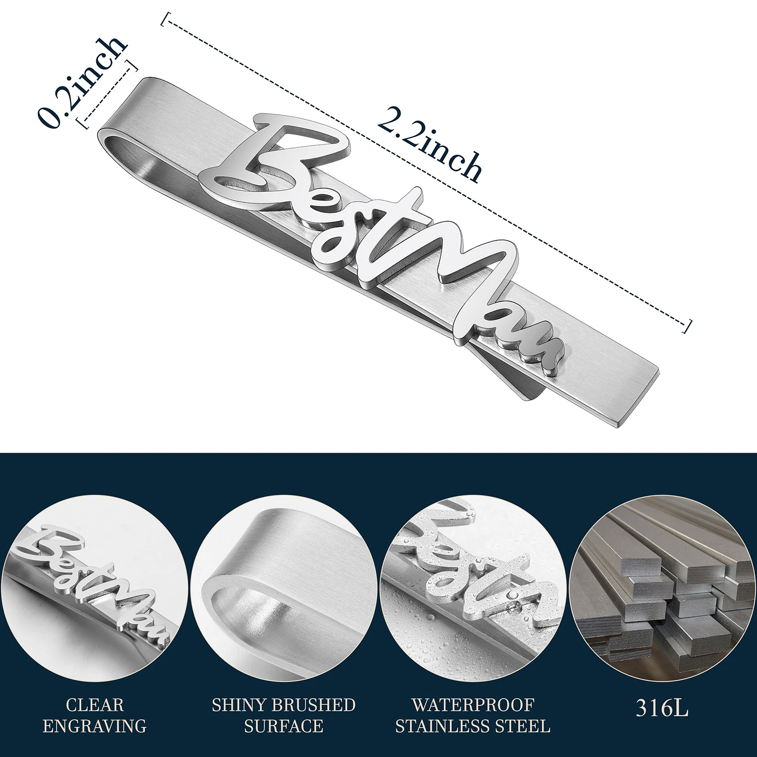 Best Man Cutout Letter Tie Clip for Men 2/ 2.2/ 2.5 Inch 316L Stainless Steel Brushed Finish Wedding Groomsmen Suit Tie Bar Gift