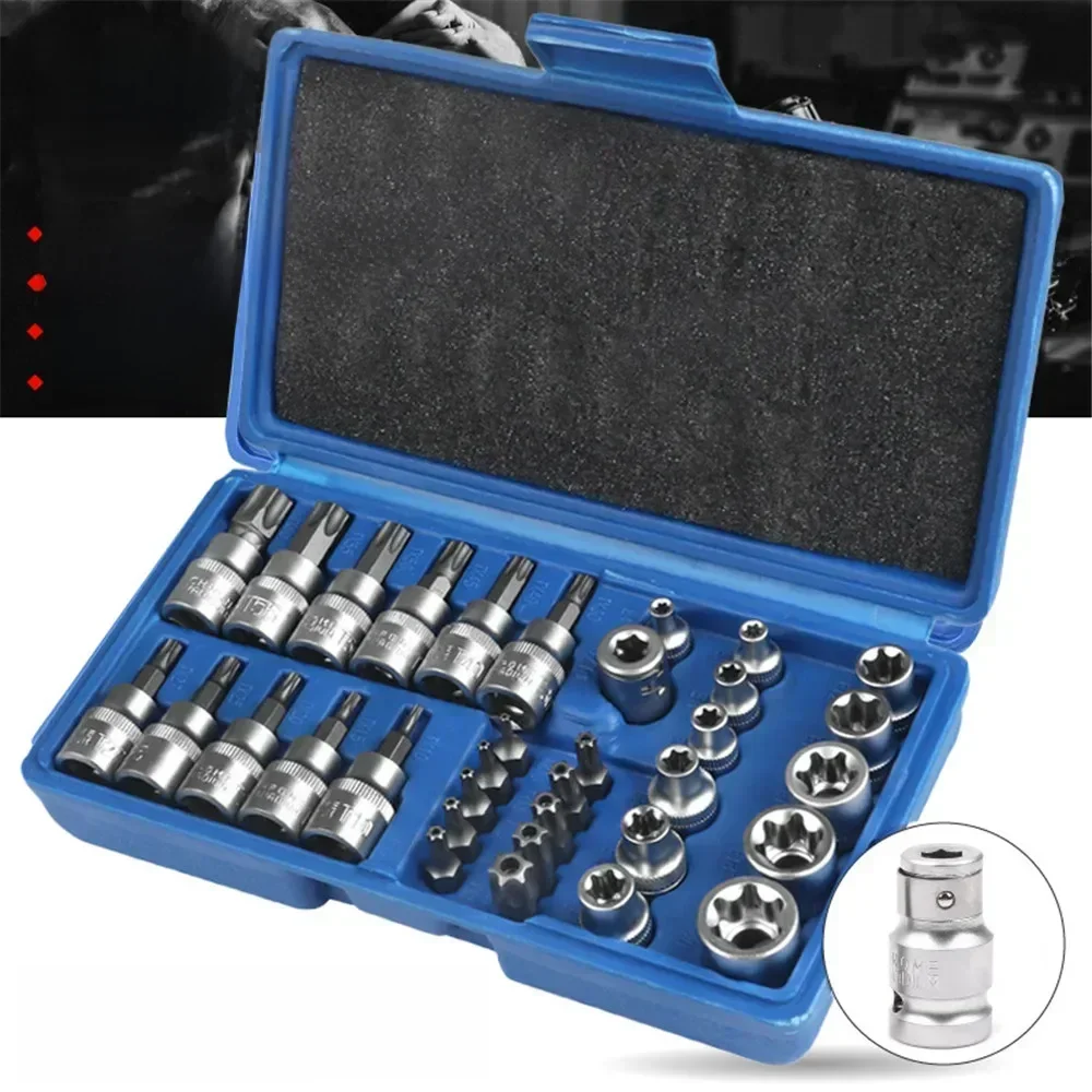 Jeu de douilles et d'embouts Torx Star, 34 pièces, avec boîte mâle/femelle, embouts de sécurité électronique, outil portatif, outil de démontage de douille étoile dynamométrique