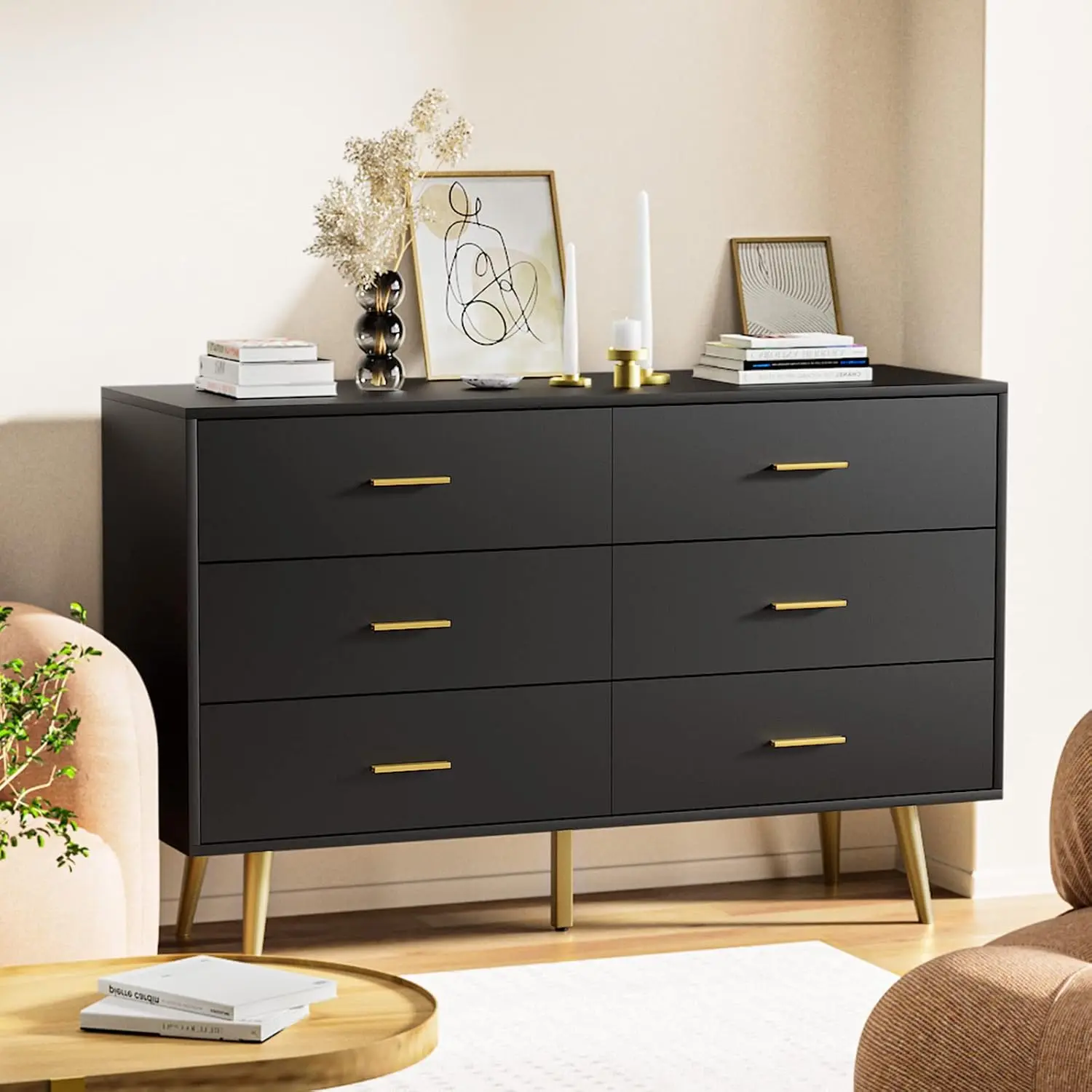 

6 Drawer Dresser for Bedroom, Wooden Black Double Dresser with Gold Handles, Modern Chest Dresser with Deep Drawers