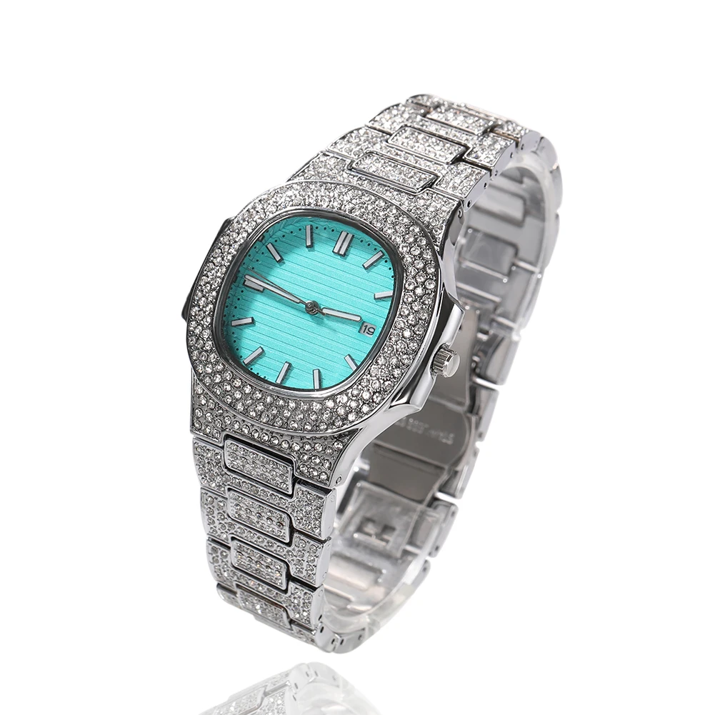 UWIN-Montre-bracelet ronde à quartz avec biscuits glacé, cadran turquoise, alliage de luxe, cadeau de Noël, mode