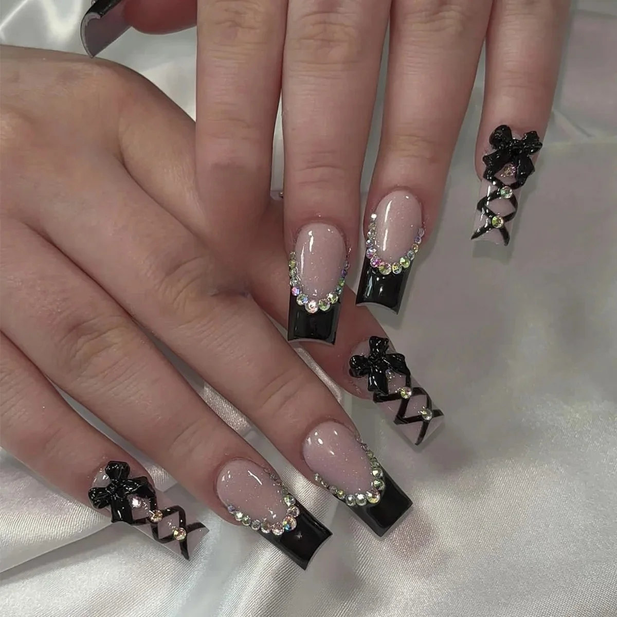 Faux ongles longs à pression pour Ballet, 24 pièces, sangle croisée noire, Style français, avec nœud papillon 3D, décor coréen réutilisable