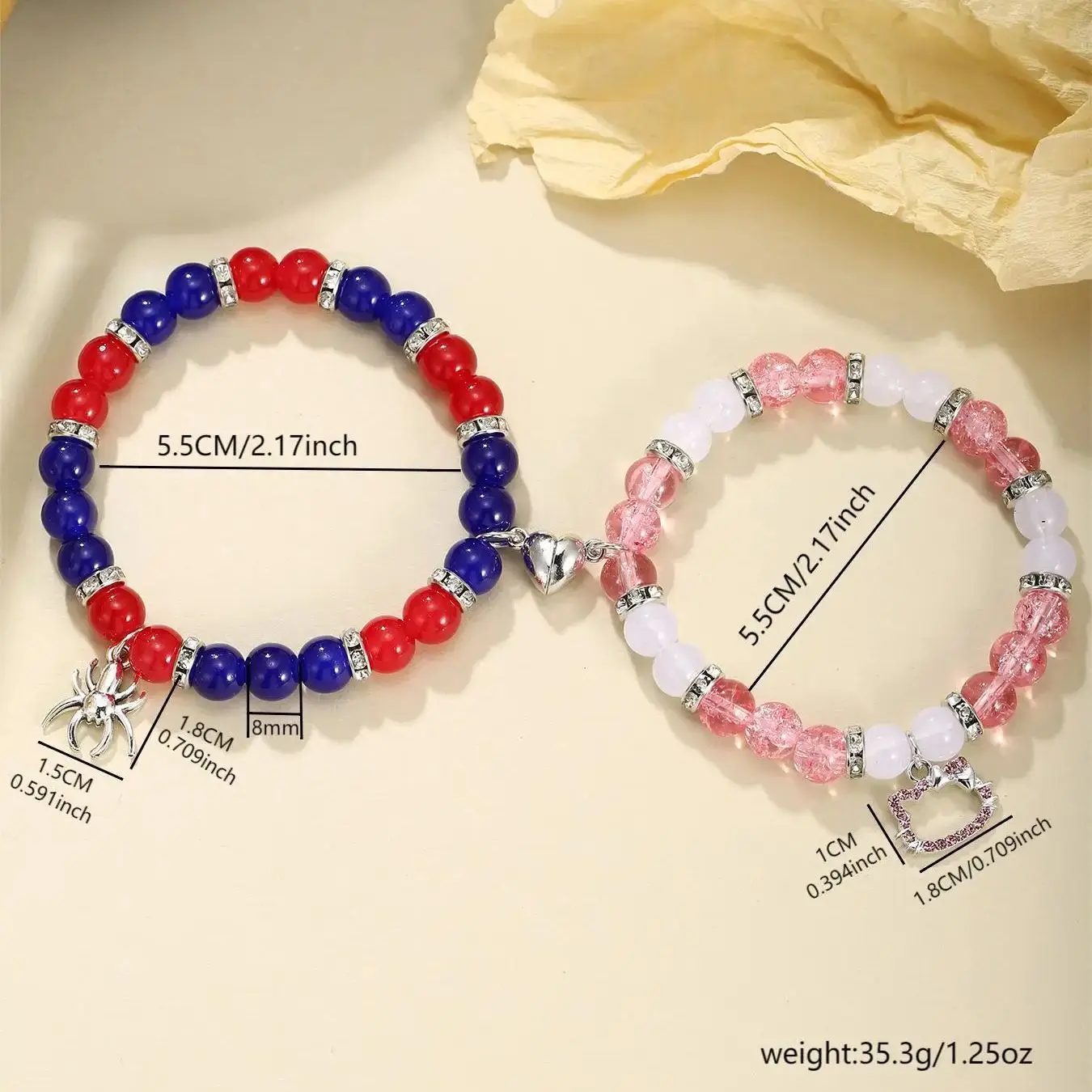2 pcs of Spider and Cat Pendant Heart Shaped Magnet Bead Elastic Couple\'s Bracelets, Bff Trendy Jewelry Gifts