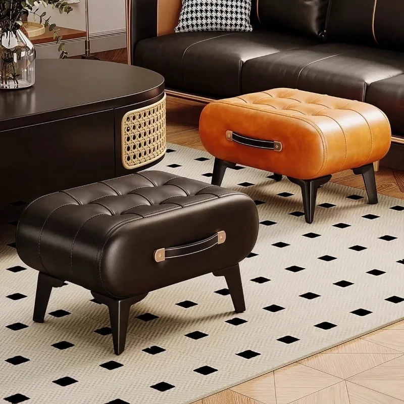 1pc High Quality Oil Wax Leather Low Stools, Footstools, Leather Padded Footstools, Stylish & Versatile For Sofa End, Shoe Changing Stools For Living Rooms, Corridors, Foyers, Entrance, Furniture For Home Multi-Use Footrest For Living Room, Office