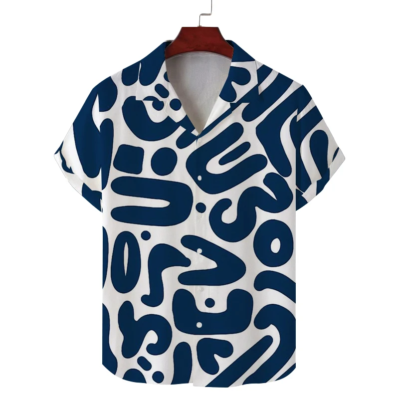 Men's summer Cuban collar short-sleeved shirt with special symbol line print men's shirt comfortable, breathable and versatile